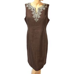 Talbots Linen Dress Womens Size 14 Brown Embroidered Beaded Jeweled Sleeveless